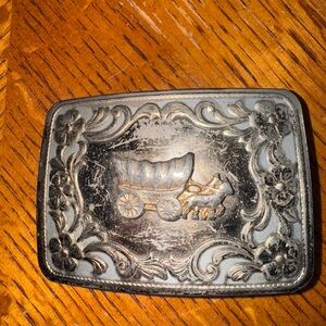 Vintage Silver Belt Buckle with Wagon Design
